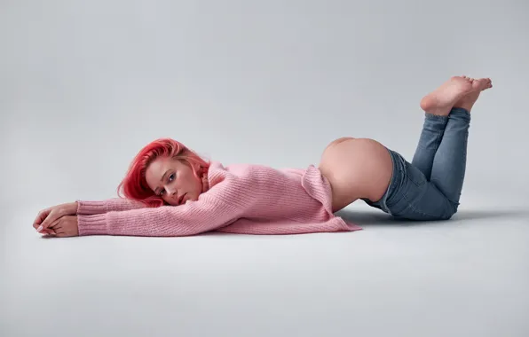 Ass, ass, girl, pose, background, jeans, sweater, pink hair