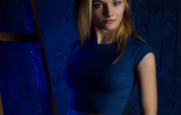 Blonde, mole, Anna, blue background, Denis Lytkin