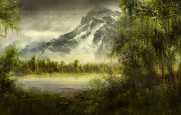 Forest, trees, lake, pond, mountain, art, willow