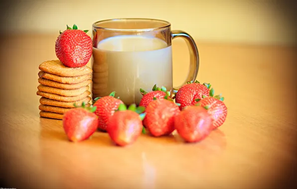 Picture food, milk, cookies, strawberry, Cup, bokeh