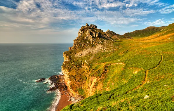 Sea, the sky, grass, clouds, mountains, open, slope, track