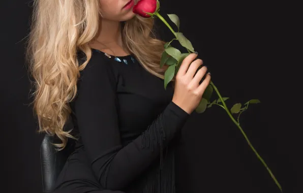 Girl, rose, blonde, black background, black dress