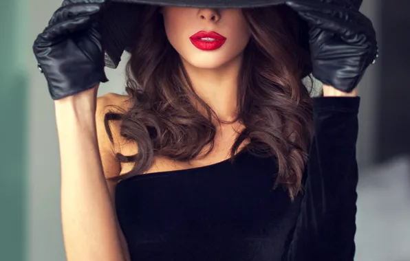 Picture girl, model, lipstick, lips, gloves, hat