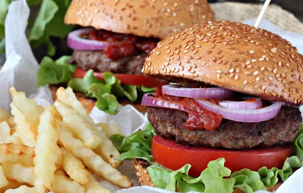 Meat, vegetables, hamburger, sesame, buns, potatoes