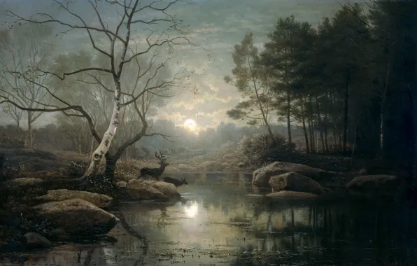Animals, oil, picture, canvas, Forest Landscape in the Moonlight, Georg Eduard Otto Saal