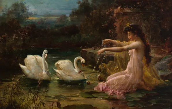 Picture girl, oil, swans, Hans Zatzka, «At the Swan Lake»