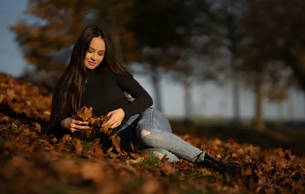 Autumn, girl, pose, mood, jeans, Anastasia, long hair, fallen leaves