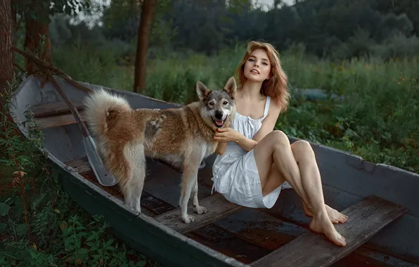 Forest, dog, redhead, thighs, looking at viewer, rowboat, Andrey Metelkov, Natalya Nikitina