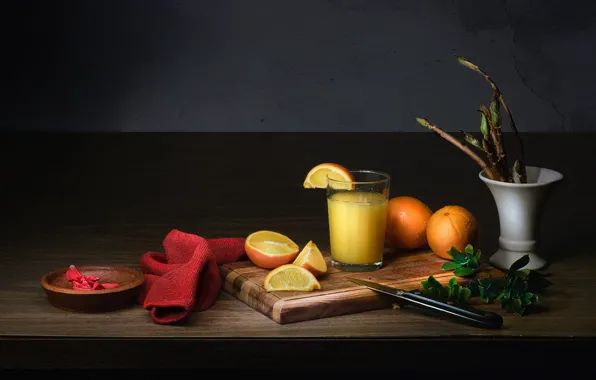 Table, towel, oranges, juice, knife, still life, items, a bunch
