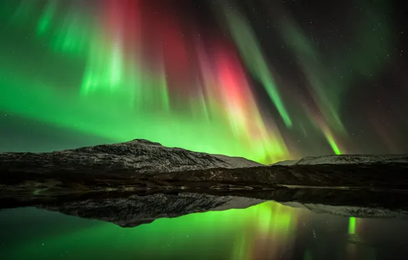 The sky, water, stars, reflection, mountains, night, Northern lights, North