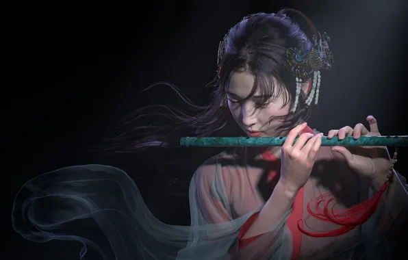Picture girl, art, flute, musician, Qi Sheng Luo