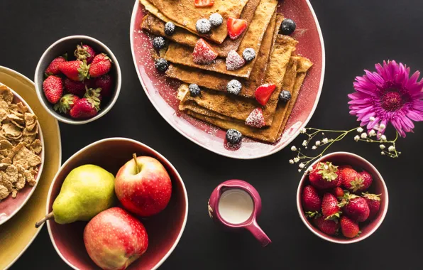 Berries, Breakfast, strawberry, fruit, pancakes
