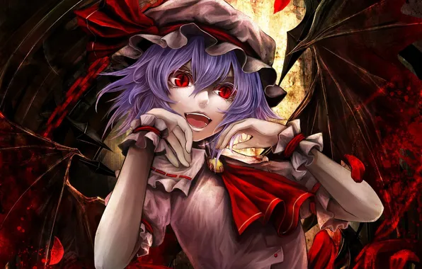Picture girl, wings, the demon, art, red eyes, cap, touhou, remilia scarlet