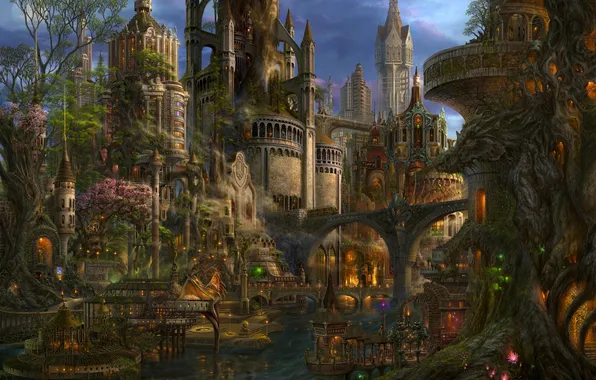 Water, trees, bridge, the city, lights, dragon, the evening, art