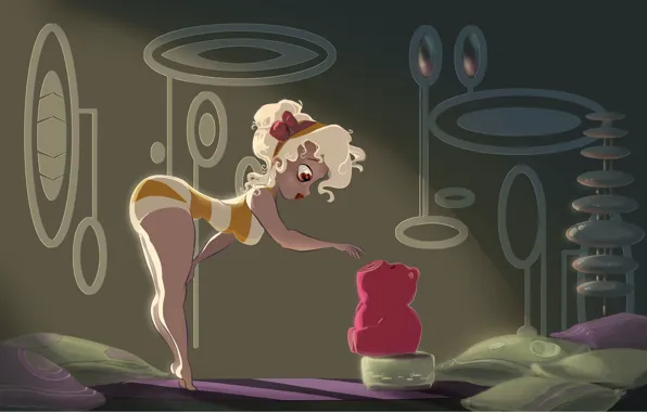 Girl, pink, pillow, bear