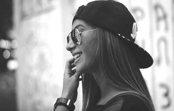 Girl, smile, teeth, glasses, black and white, baseball cap