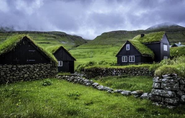 Picture the sky, clouds, hills, houses, Faroe Islands, Faroe Islands, Husevig, Sandoy