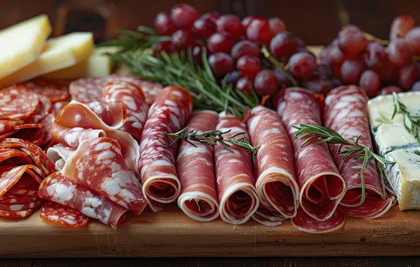 Table, cheese, grapes, a lot, sausage, cutting, rosemary, cuts