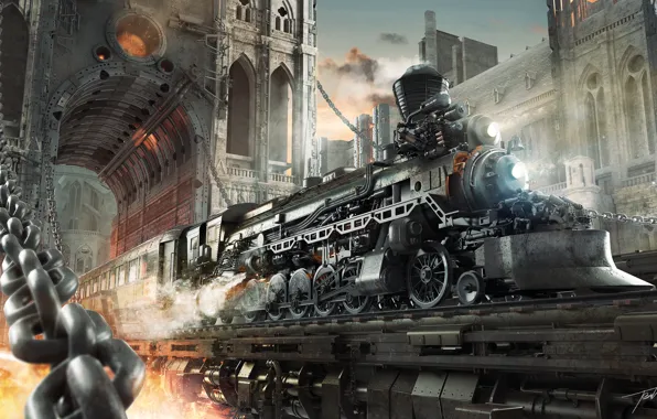 Bridge, the city, train, chain