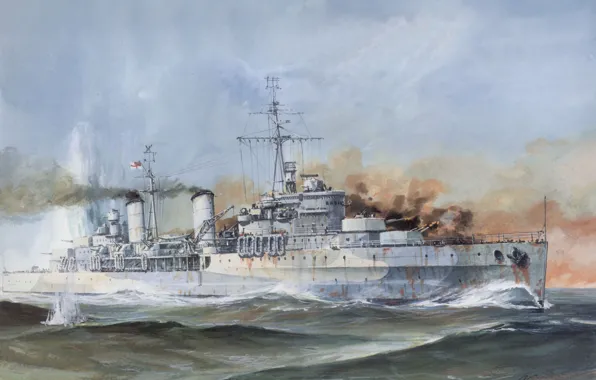 Smoke, figure, explosions, battle, Navy, sea, shots, cruiser