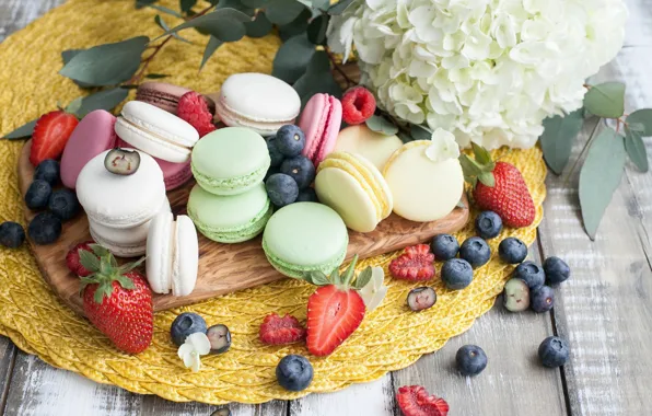 Flowers, berries, blueberries, strawberry, sweet, macaroon
