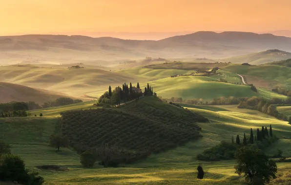 House, hills, view, field, hill, Italy, cypress, Tuscany