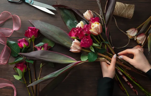 Leaves, flowers, table, Board, roses, bouquet, rope, hands