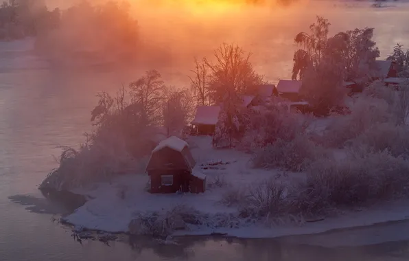 Cold, snow, lake, hut, sunrise