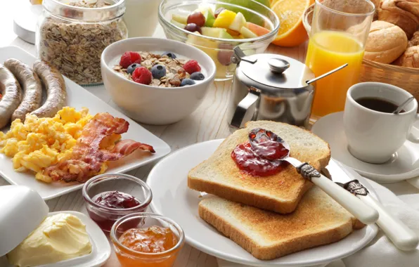 Berries, oil, sausage, coffee, Breakfast, juice, fruit, cakes
