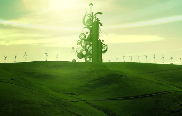 Picture field, green, treatment, windmills