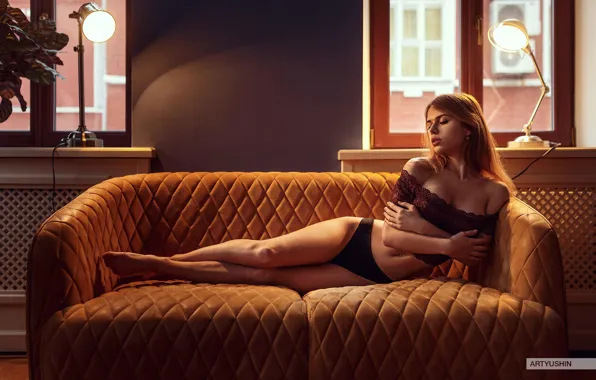Girl, light, pose, lamp, room, model, panties, Windows