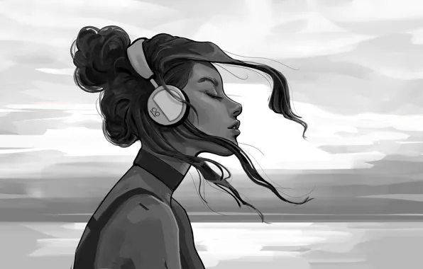 Girl, B/W, Figure, Headphones, Girl, Hair, Black and white, Art