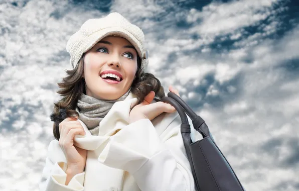 Girl, clouds, joy, brown hair, bag, cap