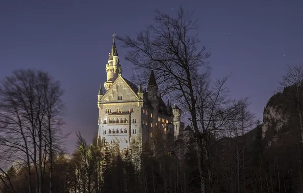 The sky, stars, trees, mountains, night, castle, Germany, Bayern