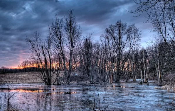 The sky, clouds, trees, river, glow