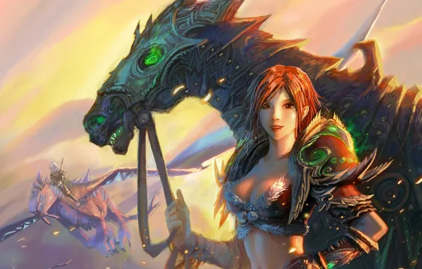 Picture girl, flight, fantasy, horse, warrior, art