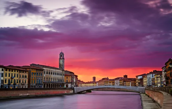Sunset, bridge, river, home, Italy, Pisa, architecture., tucany