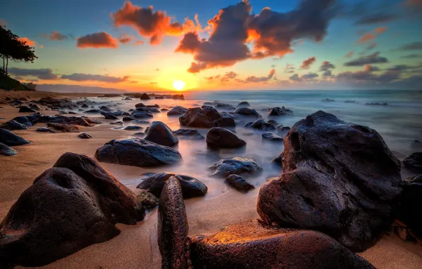 The sky, landscape, stones, the ocean, dawn, horizon