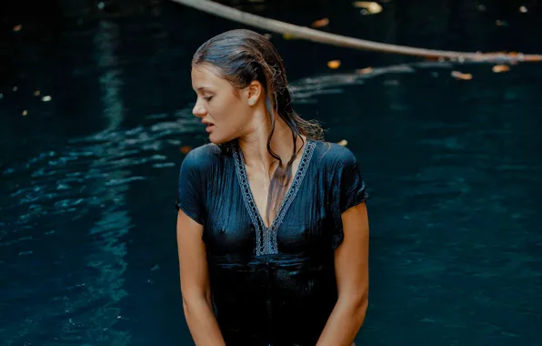 Wet, cleavage, river, woman, young, water, lake, model
