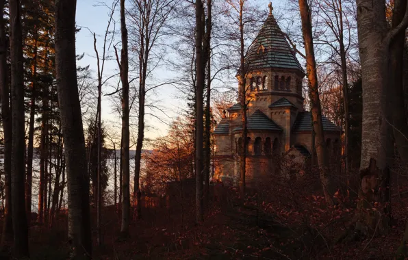 Picture autumn, forest, branches, Church, temple, architecture