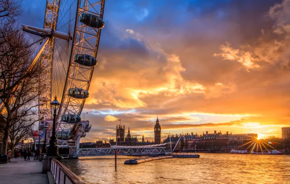 The sun, clouds, sunset, city, the city, river, England, London