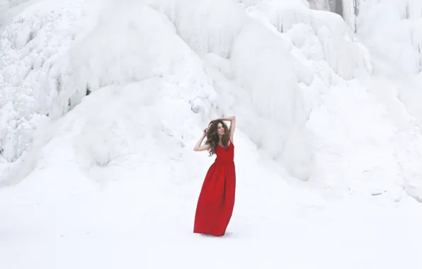 Winter, snow, pose, model, dress, red dress