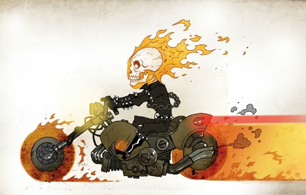 Picture fire, figure, skull, chain, motorcycle, jumpsuit, racer, comic