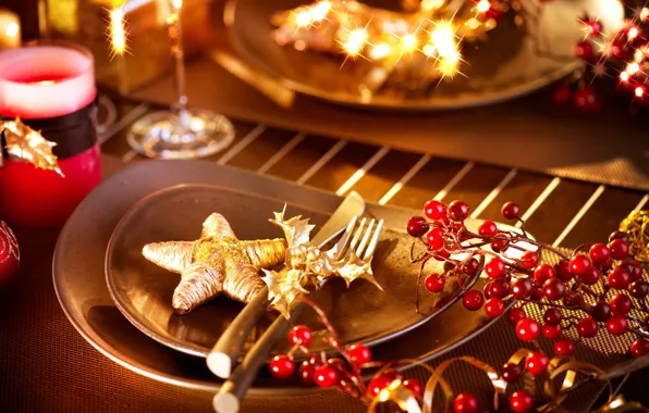Picture winter, berries, table, star, candles, New Year, Christmas, plates