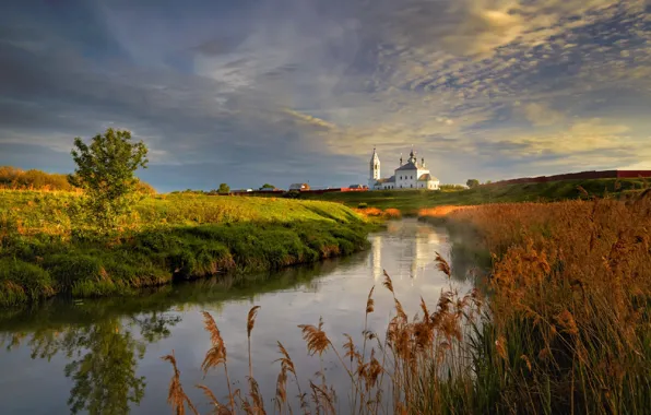 Picture sunset, nature, river, Church, Russia, Vladimir oblast