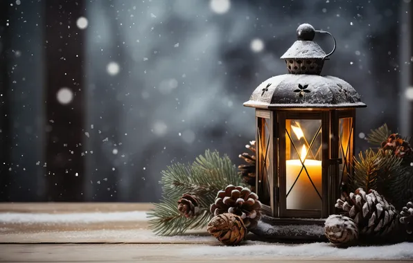 Winter, snow, night, Christmas, lantern, New year, Christmas, night