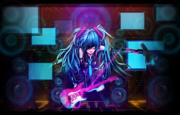 Picture girl, guitar, anime, art, vocaloid, hatsune miku, thread, loudspeaker