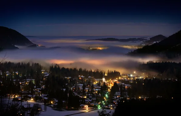 Picture mountains, night, the city, lights, fog, home