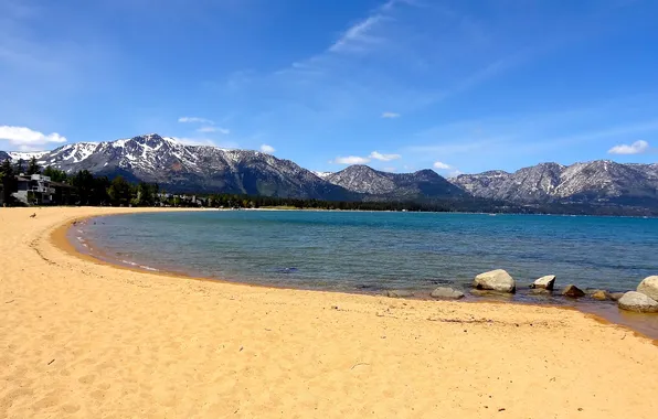 Sand, beach, USA, campsites, lake Tahoe, the border of California and Nevada, the mountain chain …