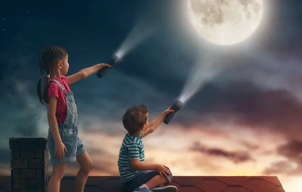 Roof, the sky, night, children, house, the moon, boy, girl